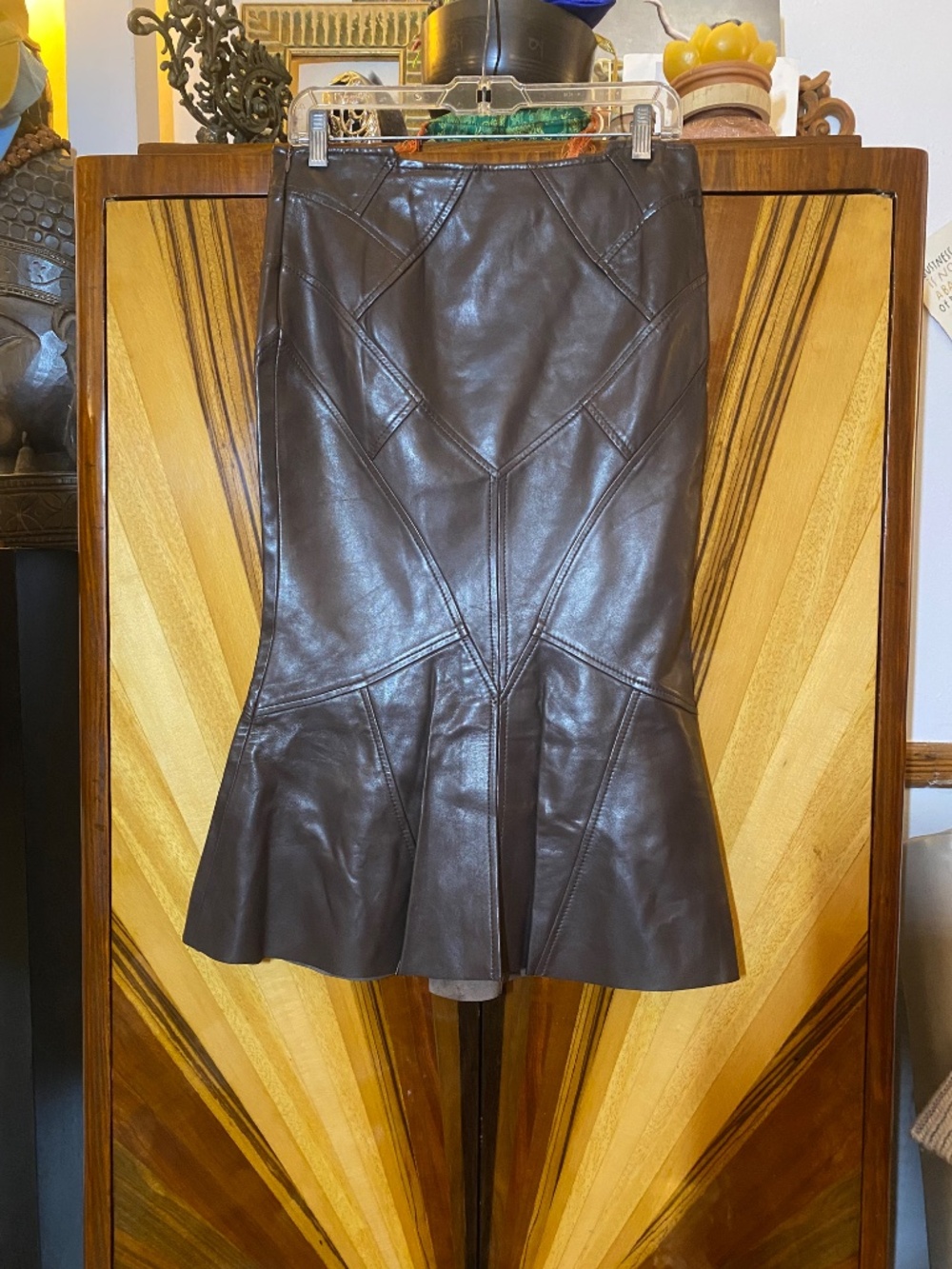 Stephen Italy Archival Chocolate Brown Leather Mermaid Midi Skirt 42 6 - Picture 2 of 10